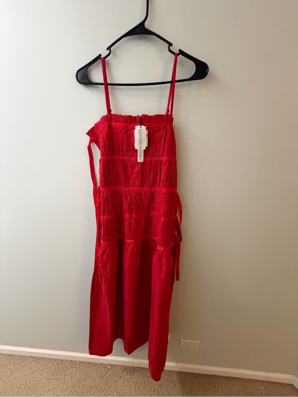 Topshop Red Smocked Midi Dress with Tie Straps